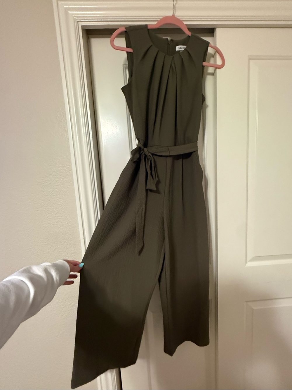 Calvin Klein Olive Green Sleeveless Jumpsuit with Tie Waist
